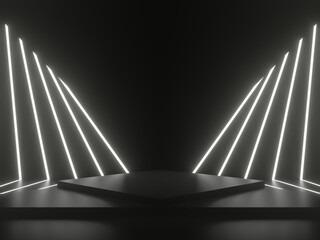 3d black podium with white neon lights