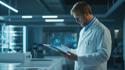 Fototapete - A doctor dressed in a white coat is focused on a tablet, analyzing patient information in a high-tech laboratory at night. Generative AI