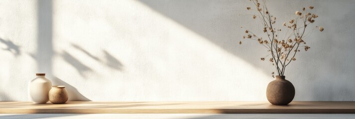 Fototapete - A wooden shelf is adorned with minimalist vases and delicate dried flowers, cast in gentle sunlight creating serene ambiance. Generative AI