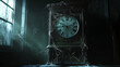 © ARM - An old haunted clock covered in cobwebs sits in a dimly lit room with cracked glass, evoking eerie feelings of forgotten time