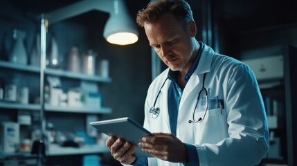 Fototapete - A doctor dressed in a white coat is focused on a tablet in a contemporary clinic filled with medical supplies and equipment. Generative AI