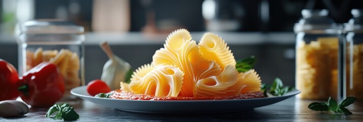 Aufkleber - Delicate 3D-printed pasta rests on a vibrant sauce, surrounded by fresh vegetables and herbs in a stylish kitchen environment. Generative AI