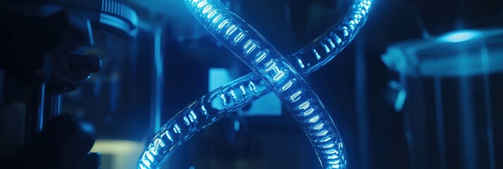 Poster - An advanced laboratory showcases glowing blue DNA analysis equipment intertwined with glass containers and intricate machinery. Generative AI