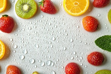 Poster - Assorted fruits including strawberries, oranges, and kiwis are artfully laid out on a surface with water droplets, creating a fresh look. Generative AI