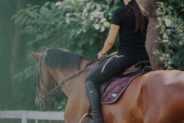 a female equestrian is riding a brown horse in a natural outdoor setting. the image captures the bon