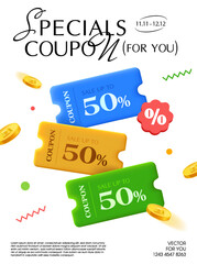 Wall Mural - Set of 3d new coupons in blue and green color with coupon code, golden coins, percent price off, isolated on white background. Discount voucher poster for promotion campaign. 3d vector. Vector