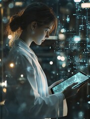 Fototapete - A dedicated doctor in a white coat closely analyzes data on a tablet while surrounded by digital displays in a busy clinic atmosphere. Generative AI