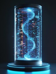 Leinwandbilder - The image showcases a translucent cylinder with a vibrant DNA double helix illuminated, representing advanced genetic research and technology. Generative AI