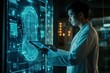 © Анатолий Сав - A doctor in a white coat analyzes health data displayed on a digital screen, using a tablet in a high-tech medical environment. Generative AI