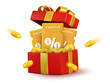© Van - 3d stack of golden coupons in opened red gift box with ribbons and flying coins, isolated on white background. 3d cash back gift voucher with coupon code vector icon. Vector illustration