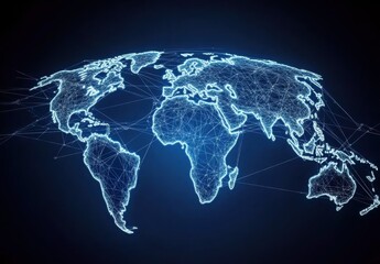 futuristic 3d digital world map visualization with connecting lines and nodes representing global co