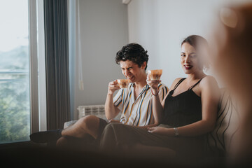 Wall Mural - Two friends share a joyful moment while enjoying coffee together at home. The bright natural light enhances their relaxed and happy atmosphere.