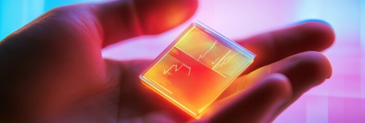 Poster - A hand showcases a micro biochip featuring a holographic screen with health data in a vibrant, futuristic environment. Generative AI