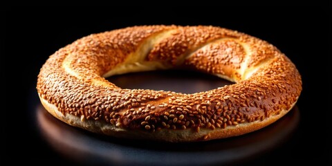 Simit Turkish bagel isolated on black background , Turkish, bagel, bread, pastry, snack, sesame seeds, traditional, culture