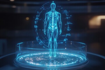 Fototapete - A futuristic hologram shows the human body, highlighting DNA and genetic data in a laboratory during a research session. Generative AI