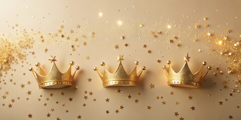 Flat lay image of three gold crowns on beige background with star sparkling confetti