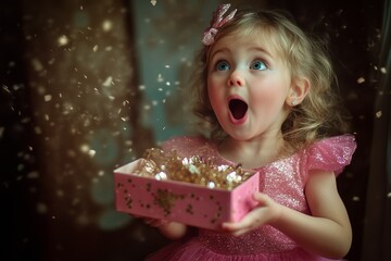 Wall Mural - A child opening a gift, their eyes wide with excitement: A magical moment of surprise and joy