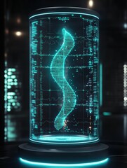 Leinwandbilder - A 3D holographic representation of a DNA strand is displayed in a modern lab, highlighting cutting-edge biotechnology and genetic analysis. Generative AI