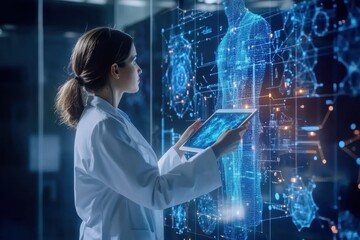 Fototapete - A doctor dressed in a white coat analyzes digital holograms of human anatomy with a tablet in a modern healthcare setting. Generative AI