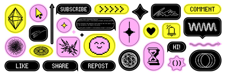 trendy bitmap sticker asset pack. y2k pixel art, pixelated geometric element and text quote. vector 