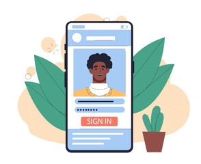 Wall Mural - man with account registration. young guy enters his username and password on smartphone screen. prof