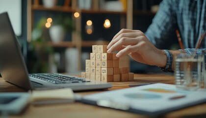Aufkleber - Closeup of hands stacking wooden blocks with icons related to accounting