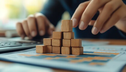 Aufkleber - Closeup of hands stacking wooden blocks with icons related to accounting