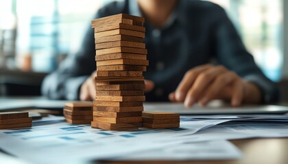 Aufkleber - Closeup of human hands stacking wooden blocks with accounting and auditing icons