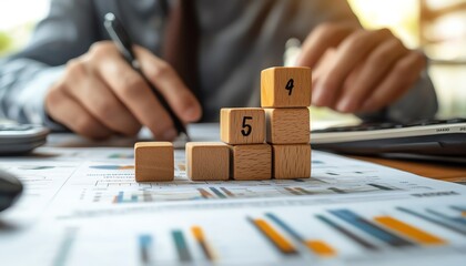 Aufkleber - Closeup of human hands stacking wooden blocks with accounting and auditing icons