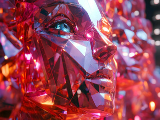 3D Illustration, Red Crystallized Robot Face, Close-up