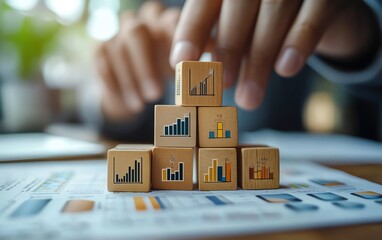 Aufkleber - Human hands arranging wooden blocks with icons symbolizing business accounting and auditing