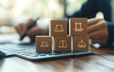Aufkleber - Human hands positioning wooden blocks with icons for accounting