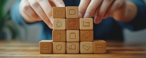Aufkleber - Human hands placing wooden blocks with auditing icons