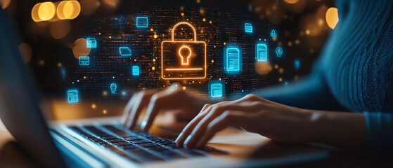 Poster - Closeup of hands on a laptop, digital icons for data protection and document management floating above, modern business technology, generative AIdriven interface