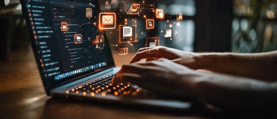Leinwandbilder - Closeup of hands on a laptop, digital icons for data protection and document management floating above, modern business technology, generative AIdriven interface
