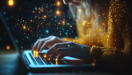 Leinwandbilder - Closeup of business person typing on a laptop, digital icons for online document management and security hovering above, generative AI technology