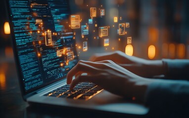 Fototapete - Closeup of hands typing on a laptop, digital icons floating above, representing online document management and data protection, generative AI technology