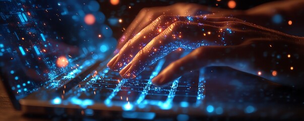 Fototapete - Closeup of hands typing on a laptop, digital icons floating above, representing online document management and data protection, generative AI technology