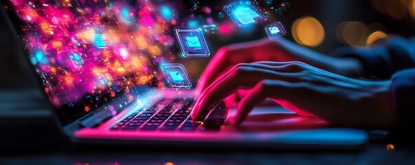 Fototapete - Closeup of hands typing on a laptop, digital icons floating above, representing online document management and data protection, generative AI technology
