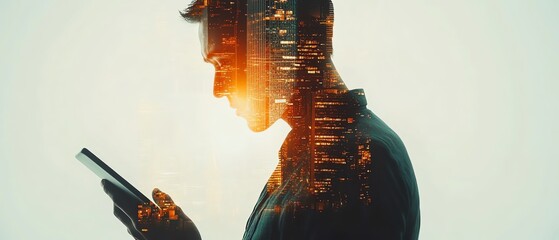 Fototapete - Double exposure of businessman s hand holding a tablet, office buildings seamlessly integrated within, white background, futuristic AI business concept
