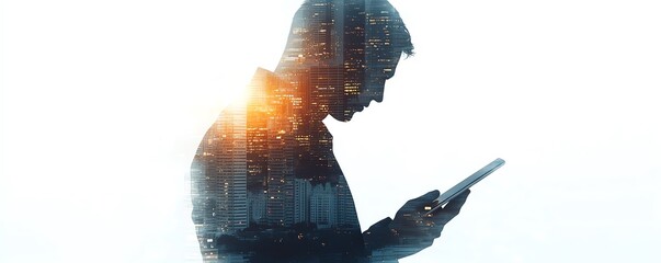Fototapete - Double exposure of businessman s hand holding a tablet, office buildings seamlessly integrated within, white background, futuristic AI business concept
