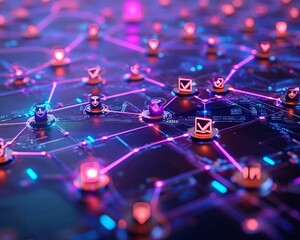 Leinwandbilder - Futuristic global network of business, digital connection lines linking people and AI icons, neon accents, immersive perspective, vibrant blue and purple hues