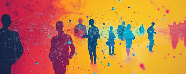 Poster - Generative AIdriven global business network, interconnected people and icons, vibrant world map backdrop, digital age theme, high contrast, visually rich illustration