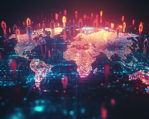 Poster - Global digital network with interconnected people and AI icons, generative AI visual style, immersive world map, vibrant tones, sleek and modern design