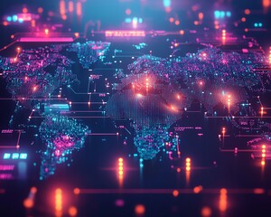 Poster - Global digital network with interconnected people and AI icons, generative AI visual style, immersive world map, vibrant tones, sleek and modern design