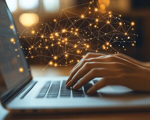 Leinwandbilder - Hands typing on a laptop, floating digital icons representing online document management and data protection, modern generative AI business technology