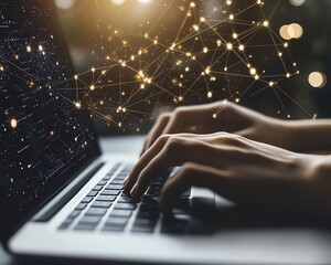 Leinwandbilder - Hands typing on a laptop, floating digital icons representing online document management and data protection, modern generative AI business technology