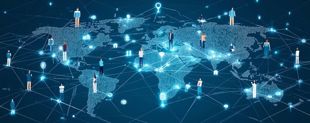 Aufkleber - Hightech global network representation, people connected by digital pathways, futuristic AIinspired icons around the globe, vibrant blue and white color scheme, sleek design