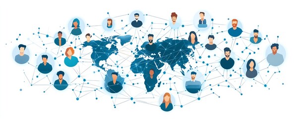 Aufkleber - Hightech global network representation, people connected by digital pathways, futuristic AIinspired icons around the globe, vibrant blue and white color scheme, sleek design