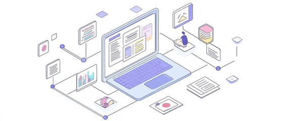Aufkleber - Laptop interface for managing digital documents, with icons of text, images, and data points, user interacting with the interface, generative AI design